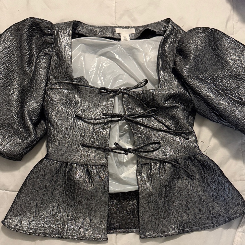 H&M Metallic Black Tie-Front Top